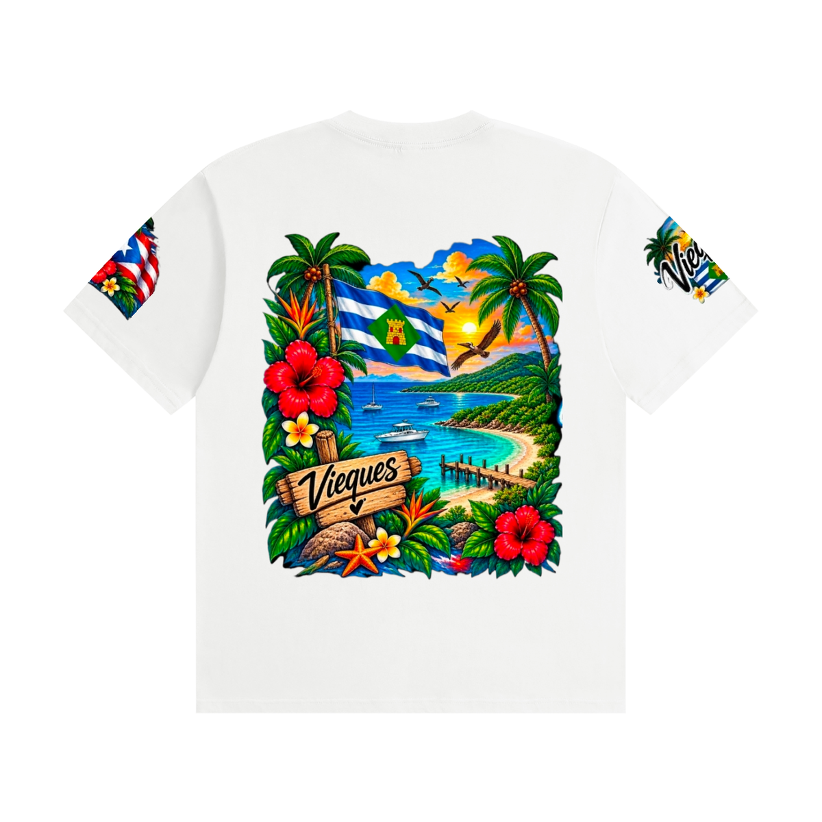 Vieques Puerto Rico Tropical Paradise Tee – Island Lighthouse & Caribbean Floral Shirt Unisex Seamless Cotton T-Shirt