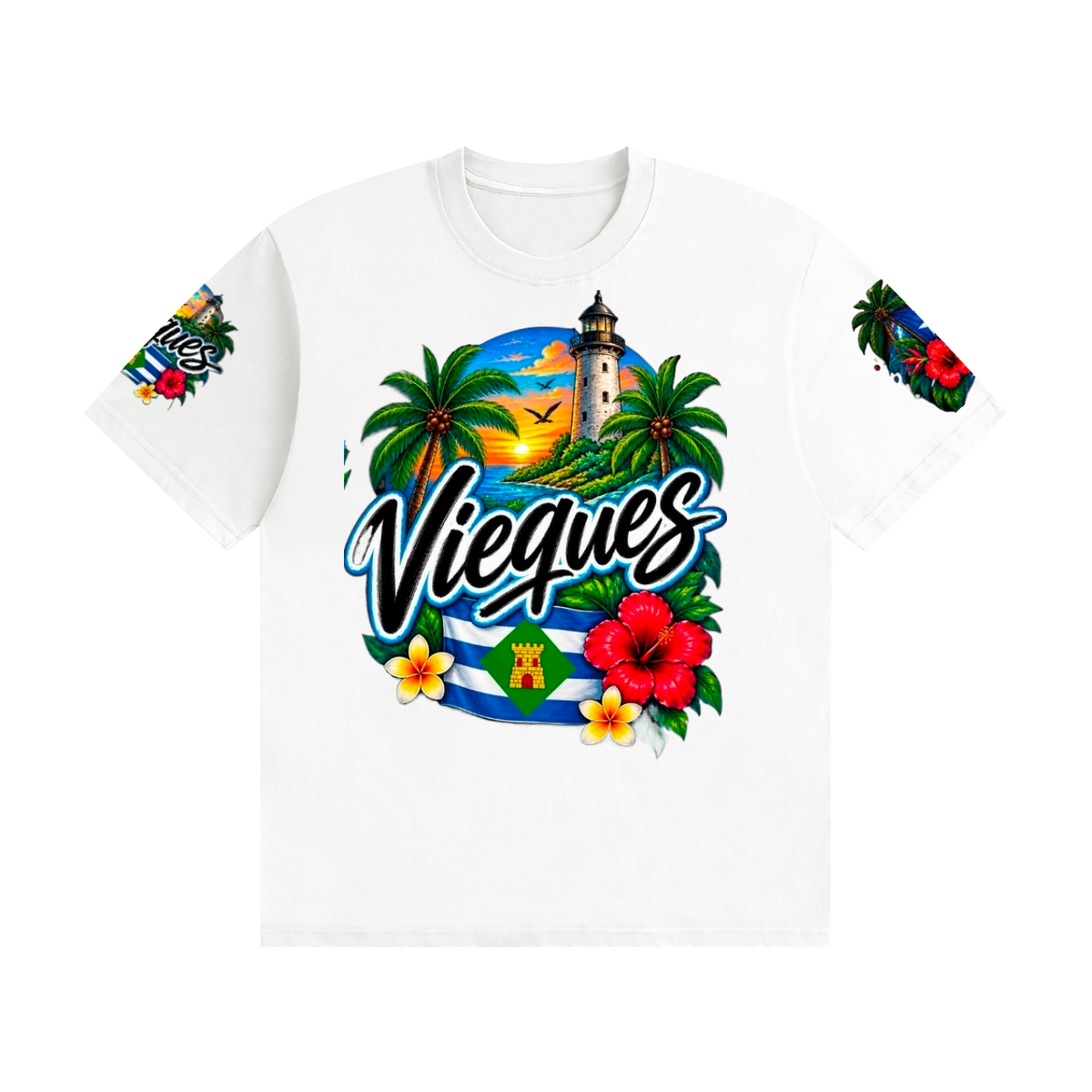 Vieques Puerto Rico Tropical Paradise Tee – Island Lighthouse & Caribbean Floral Shirt Unisex Seamless Cotton T-Shirt