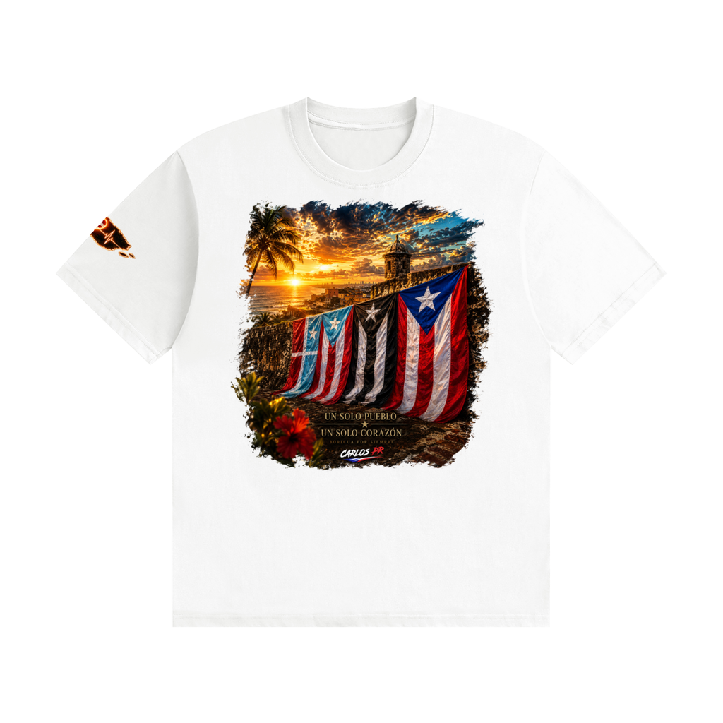 Un Solo Pueblo Puerto Rico Heritage Tee | Evolution of the Flag Unisex Seamless Cotton T-Shirt