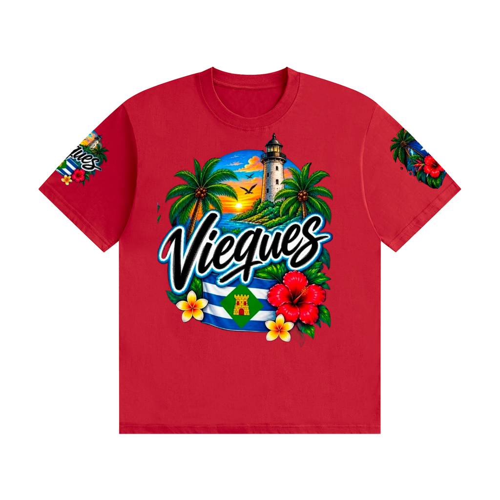Vieques Puerto Rico Tropical Paradise Tee – Island Lighthouse & Caribbean Floral Shirt Unisex Seamless Cotton T-Shirt