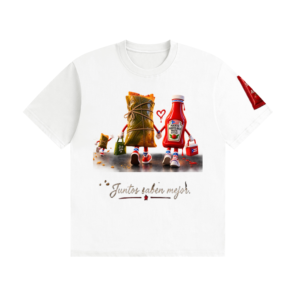 Juntos Saben Mejor  Pastel & Ketchup Puerto Rican T-Shirt | CARLOS PR Unisex Seamless Cotton T-Shirt