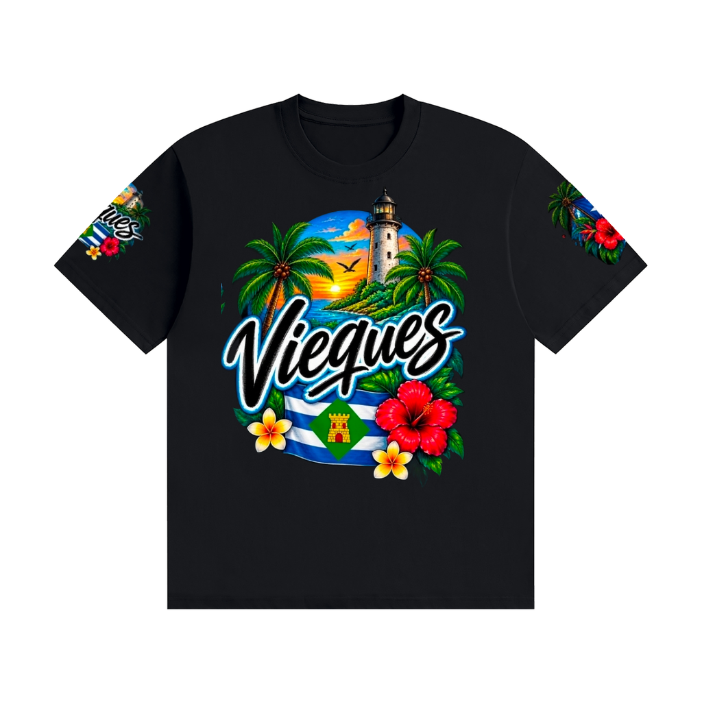 Vieques Puerto Rico Tropical Paradise Tee – Island Lighthouse & Caribbean Floral Shirt Unisex Seamless Cotton T-Shirt