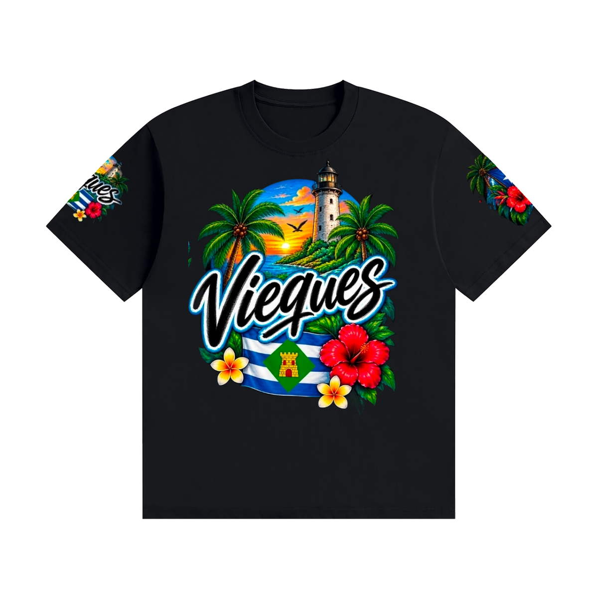 Vieques Puerto Rico Tropical Paradise Tee – Island Lighthouse & Caribbean Floral Shirt Unisex Seamless Cotton T-Shirt