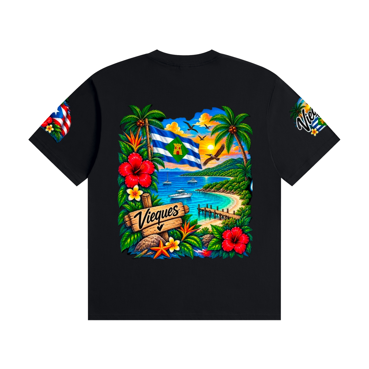 Vieques Puerto Rico Tropical Paradise Tee – Island Lighthouse & Caribbean Floral Shirt Unisex Seamless Cotton T-Shirt